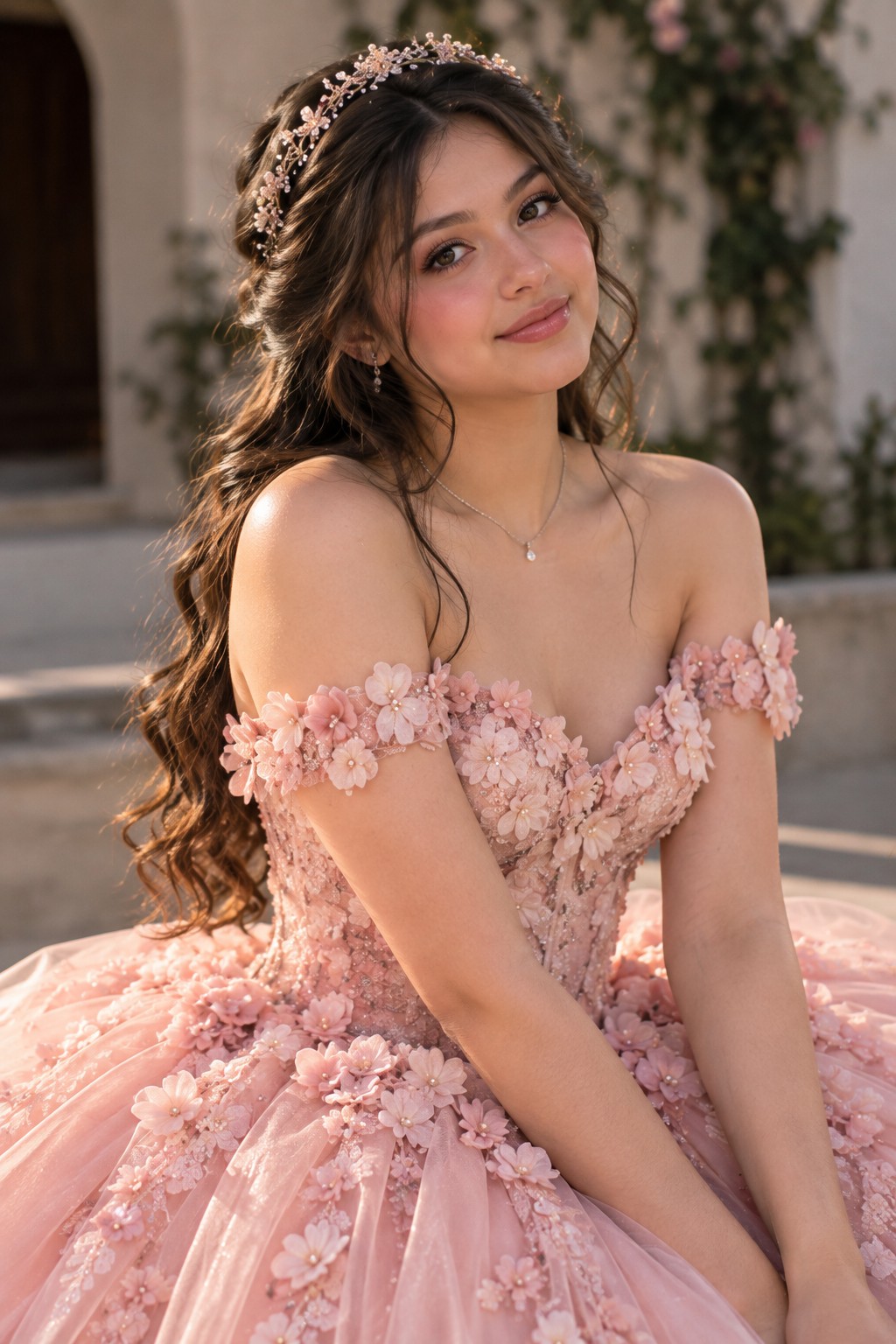 La quinceañera sonriendo con su vestido de flores rosas