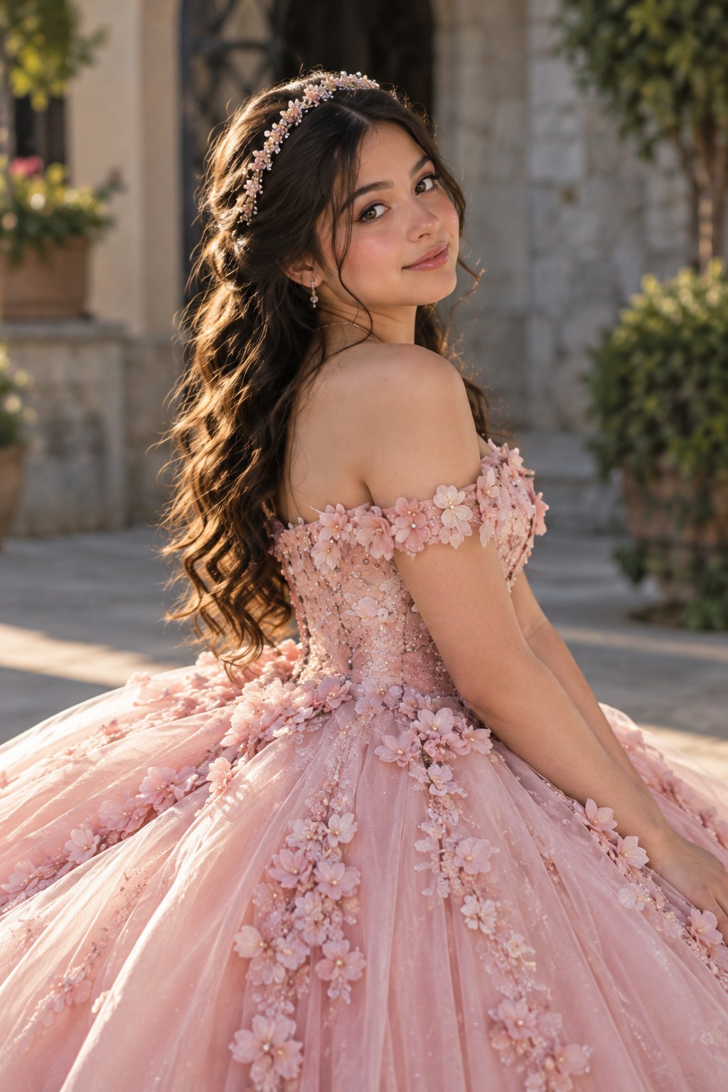 Retrato de la quinceañera con vestido rosa y tiara